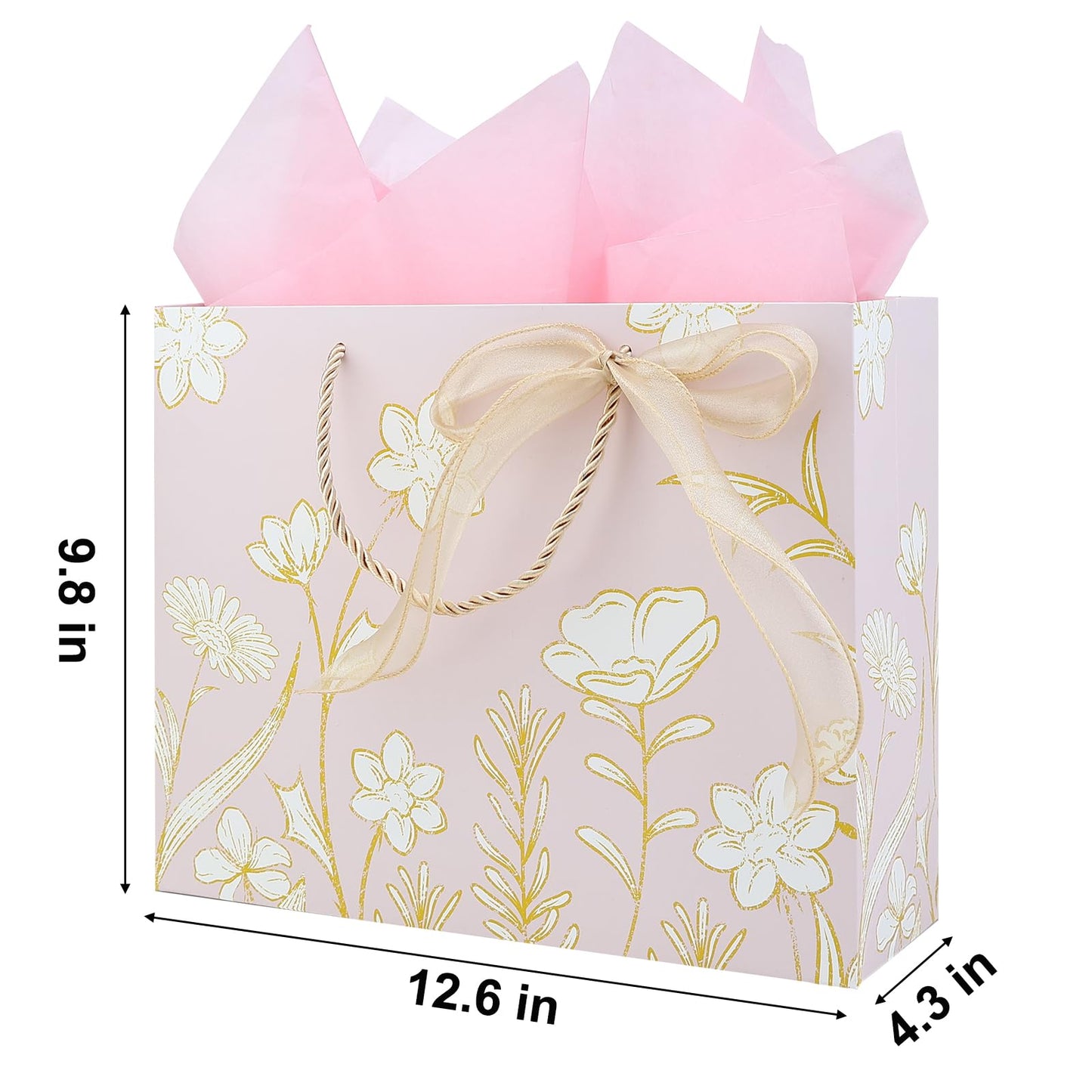 Vkkperp 2Pcs 12.6" Large Light pink Gift Bags Set with Handles including Tissue Paper Envelope Sticker Greeting Card and Bow Ribbon for Wedding Party, Birthday, Mother’s Day, Valentine's Day