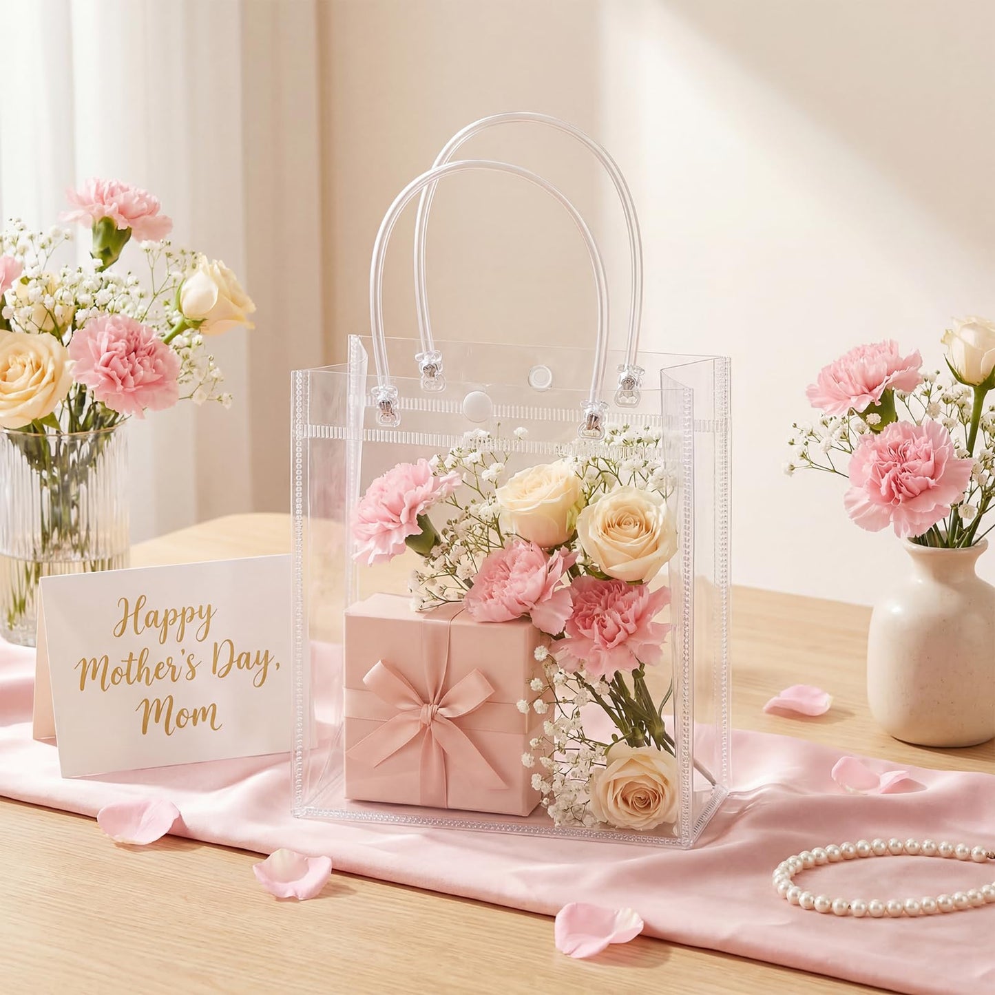 woric Clear Gift Bags with Handles, 15 PCS Small Plastic Party Favor Bags Reusable Transparent Gift Wrap Goodie Bag Bulk for Weddings Graduation Father's Day Birthdays 5.9"x5.1"x2.75"