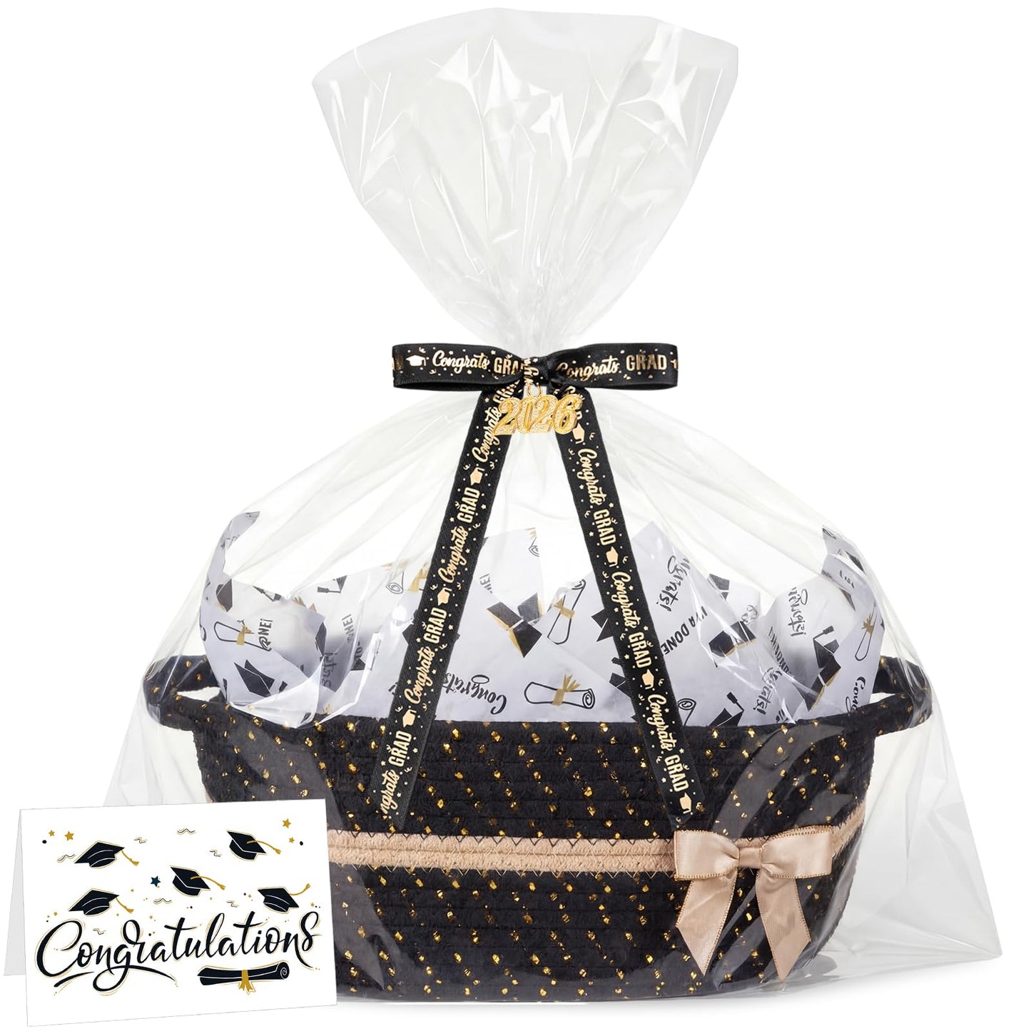 Colingmill Gift Basket for Graduation, Empty Woven Basket with Gift Bag Bow and Tissue Paper, Decorative Rope Baskets for 2026 Grad Keepsake Gifts, 14"x 10"x 5.5"(Black)