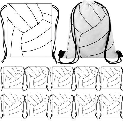 Dansydaisy 12 Pcs 12 In Volleyball Drawstring Backpack Bag Goodie Snack Gift Bags Sports Party Favors String Backpack Bulk(White)