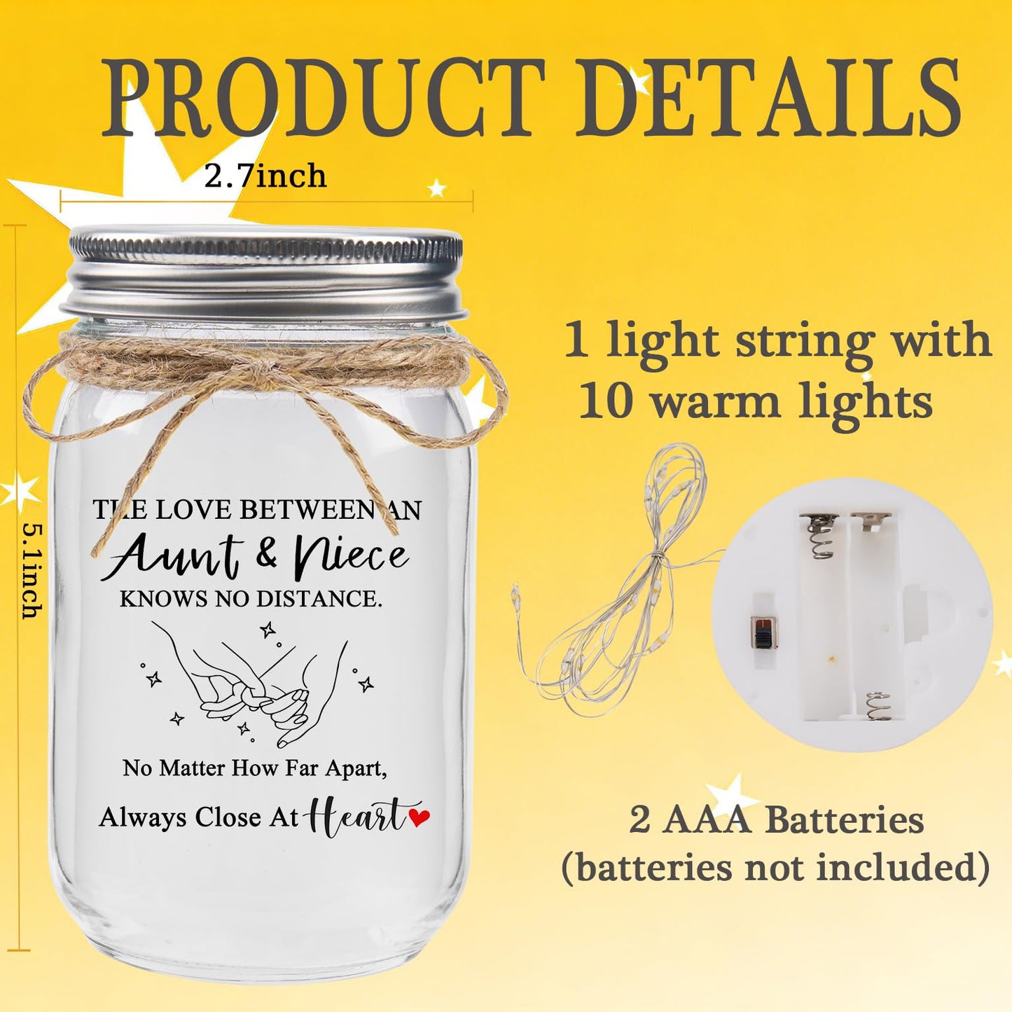 Aunt Gifts from Niece - The Love Between an Aunt & Niece Knows No Distance Mason Jar Night Light, Aunt Birthday Gift Aunt and Niece Gifts for Aunts Mothers Day Christmas Valentines