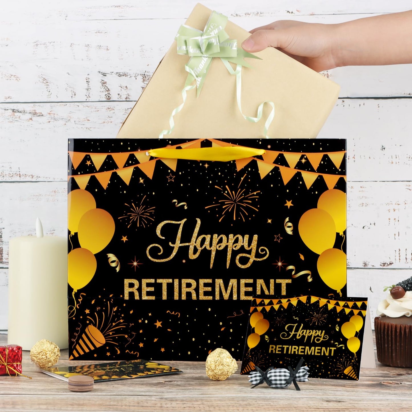 Abilat Happy Retirement Gift Bag with Tissue Paper and Greeting Card Large Black Gold Retirement Party Favor Wrapping Bag for Men Women Coworkers Farewell Going Away Party Supplies