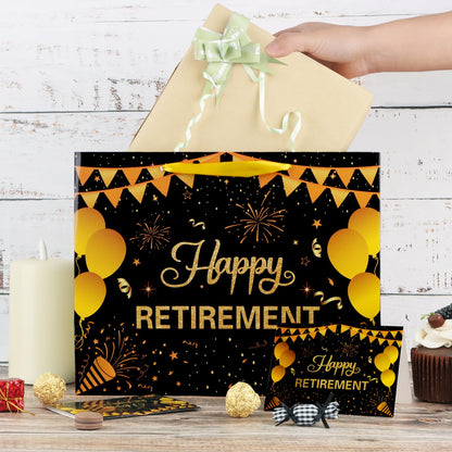 Abilat Happy Retirement Gift Bag with Tissue Paper and Greeting Card Large Black Gold Retirement Party Favor Wrapping Bag for Men Women Coworkers Farewell Going Away Party Supplies