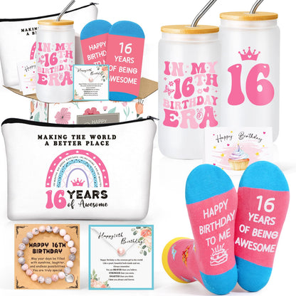 Frerdui 16 Year Old Girl Gifts – 16th Birthday Gift Set for Teen Girl, Cute Present Ideas for 16 Year Old Daughter Granddaughter Niece, Trendy 16th Birthday Decorations, Jewelry, Cup & Accessories