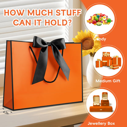 JMANNI Gift Bags with Handles, 13” Medium Gift Bag for Presents, 1 Pcs Bags with 2 Tissue Paper and 1 Cards for Graduation Baby Shower Wedding Fathers Day Mother's Day Birthday Party (Orange-Black