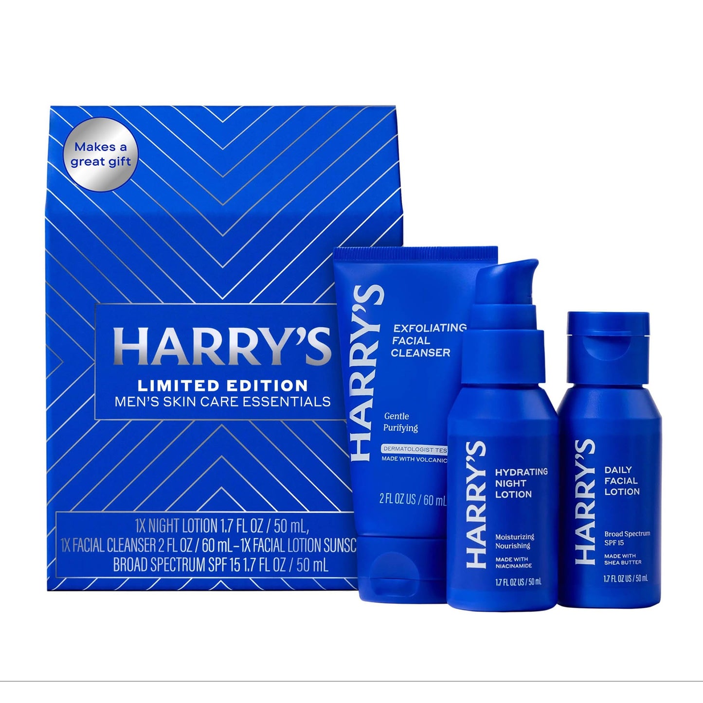Harry's Limited Edition Holiday Gift Set for Men, Men's Skincare Essentials (2 oz Exfoliating Face Wash, Daily Face Lotion with SPF 15, Hydrating Night Lotion)