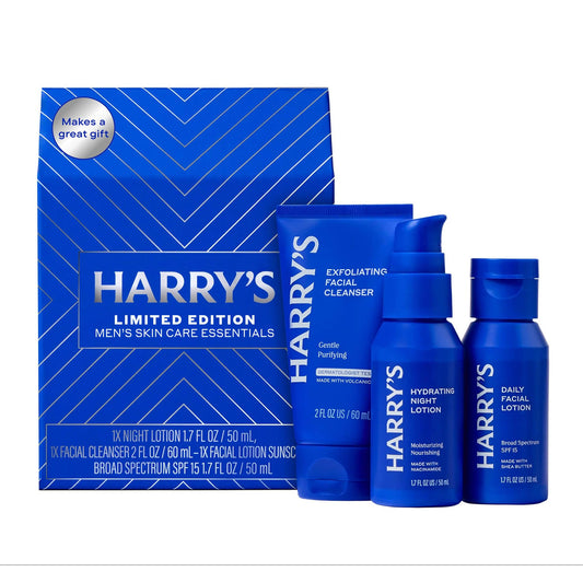 Harry's Limited Edition Holiday Gift Set for Men, Men's Skincare Essentials (2 oz Exfoliating Face Wash, Daily Face Lotion with SPF 15, Hydrating Night Lotion)