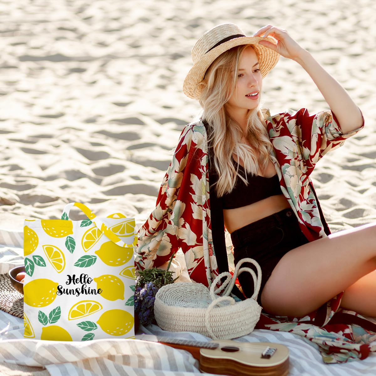 Animal Plant Tote Bag SeaTurtle Butterfly Cat Elephant Gifts Lemon Vegetable Themed Gifts Beach Bag for Camping