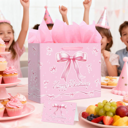 Happy Birthday Gift Bag with Card & Tissue Paper - Pink Bow Party Favor Birthday Bag for Kids, Medium Size 13x10.2x4.9 Inches, Ideal for Birthday Decorations