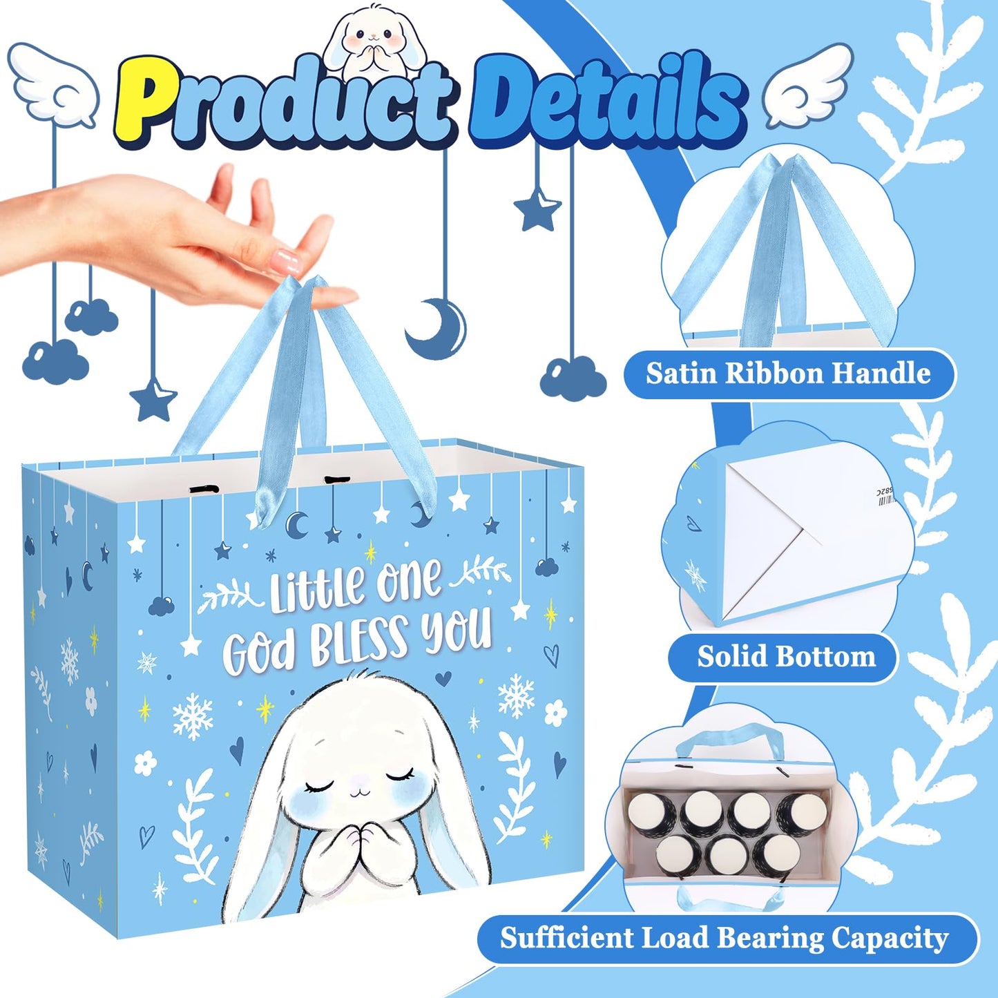 Blue Bunny Baptism Gift Bag for Baby Boys, God Bless You Religious Gift Bag with Greeting Card and Tissue Paper Christening First Holy Communion Party Supplies Boy Baptism Wrapping Paper Bag 11.8"