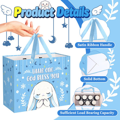 Blue Bunny Baptism Gift Bag for Baby Boys, God Bless You Religious Gift Bag with Greeting Card and Tissue Paper Christening First Holy Communion Party Supplies Boy Baptism Wrapping Paper Bag 11.8"