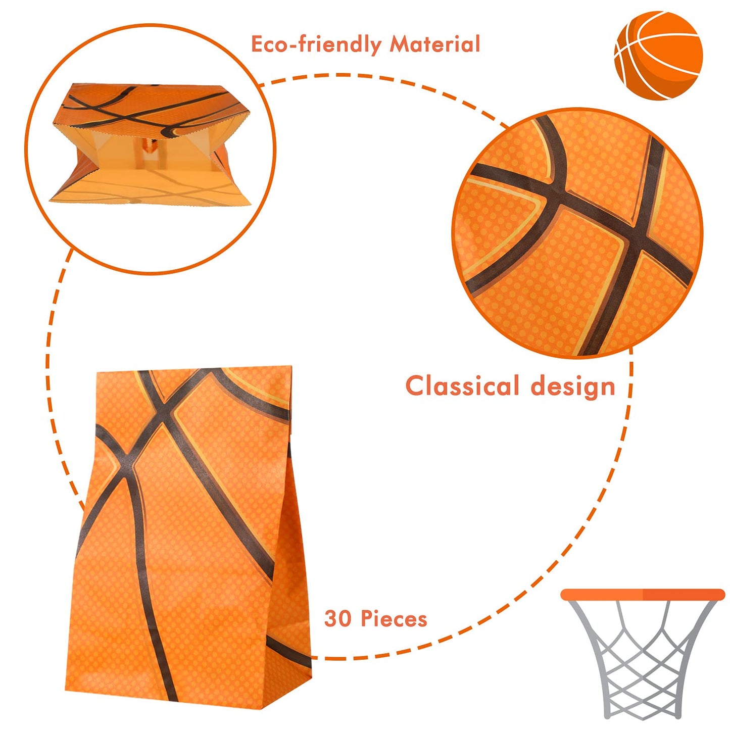 Outus 30 Pcs Basketball Gift Bags Basketball Goodie Bags Bulk Treat Snacks Candy Biscuits Toys Gift Kraft Supplies for Team Teen Adult Sport Ball Theme Birthday Present Party(Orange)