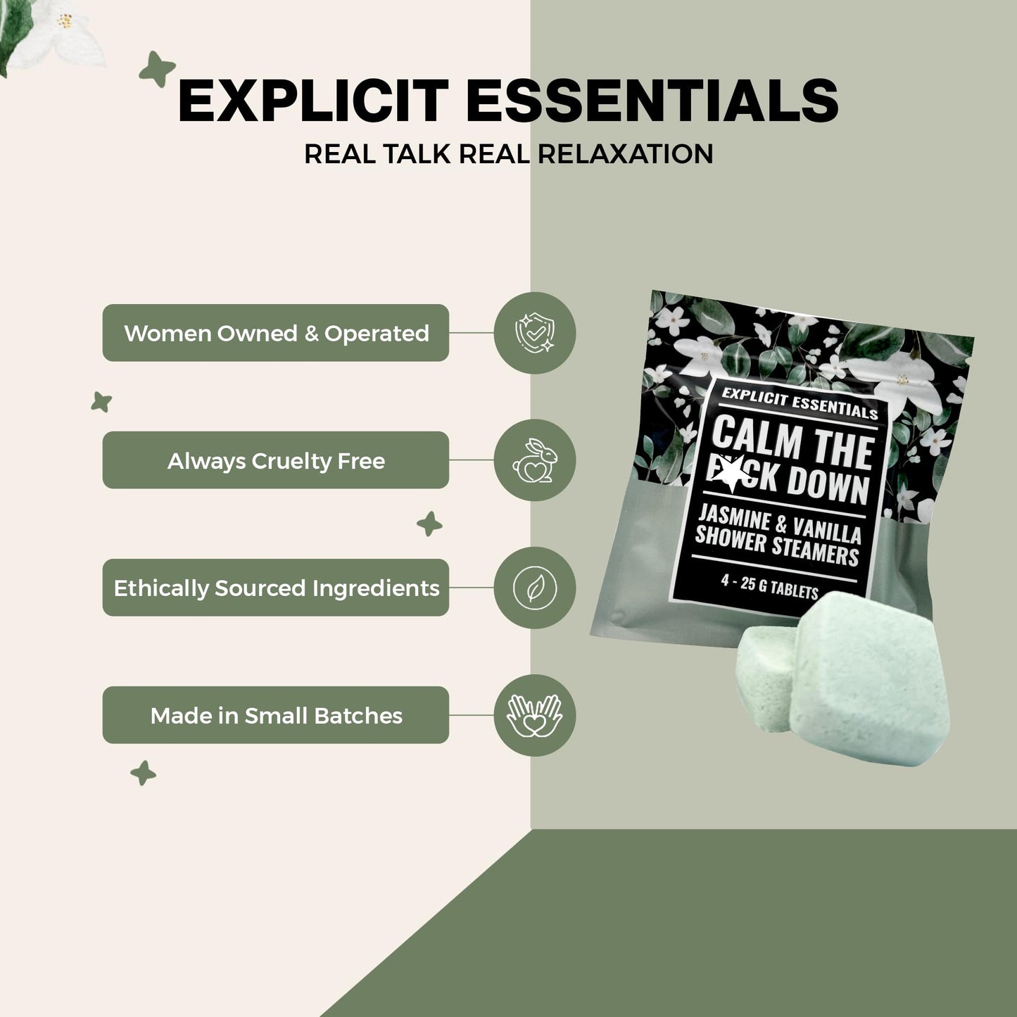Explicit Essentials Calm The F Down Shower Steamers | Jasmine Vanilla Aromatherapy Shower Steamers for Relaxation & Stress Relief | Spa Shower Gift for Self-Care, Birthdays & Holidays