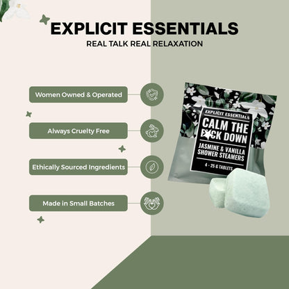 Explicit Essentials Calm The F Down Shower Steamers | Jasmine Vanilla Aromatherapy Shower Steamers for Relaxation & Stress Relief | Spa Shower Gift for Self-Care, Birthdays & Holidays
