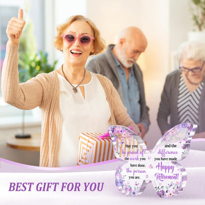 Unique Retirement Gift for Woman Men 2026, 5x3.8x0.5 Inch Purple Butterfly Acrylic Plaque Decor with Warm Words, Best Retirement Gifts for Coworker Teacher Friend Nurse Boss