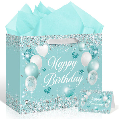 Teal Birthday Gift Bag for Girls Women Turquoise Birthday Gift Wrap Bag with Handle Teal Wrapping Paper Greeting Card for Kids Baby Shower Anniversary Turquoise Party Favors Decorations Supplies