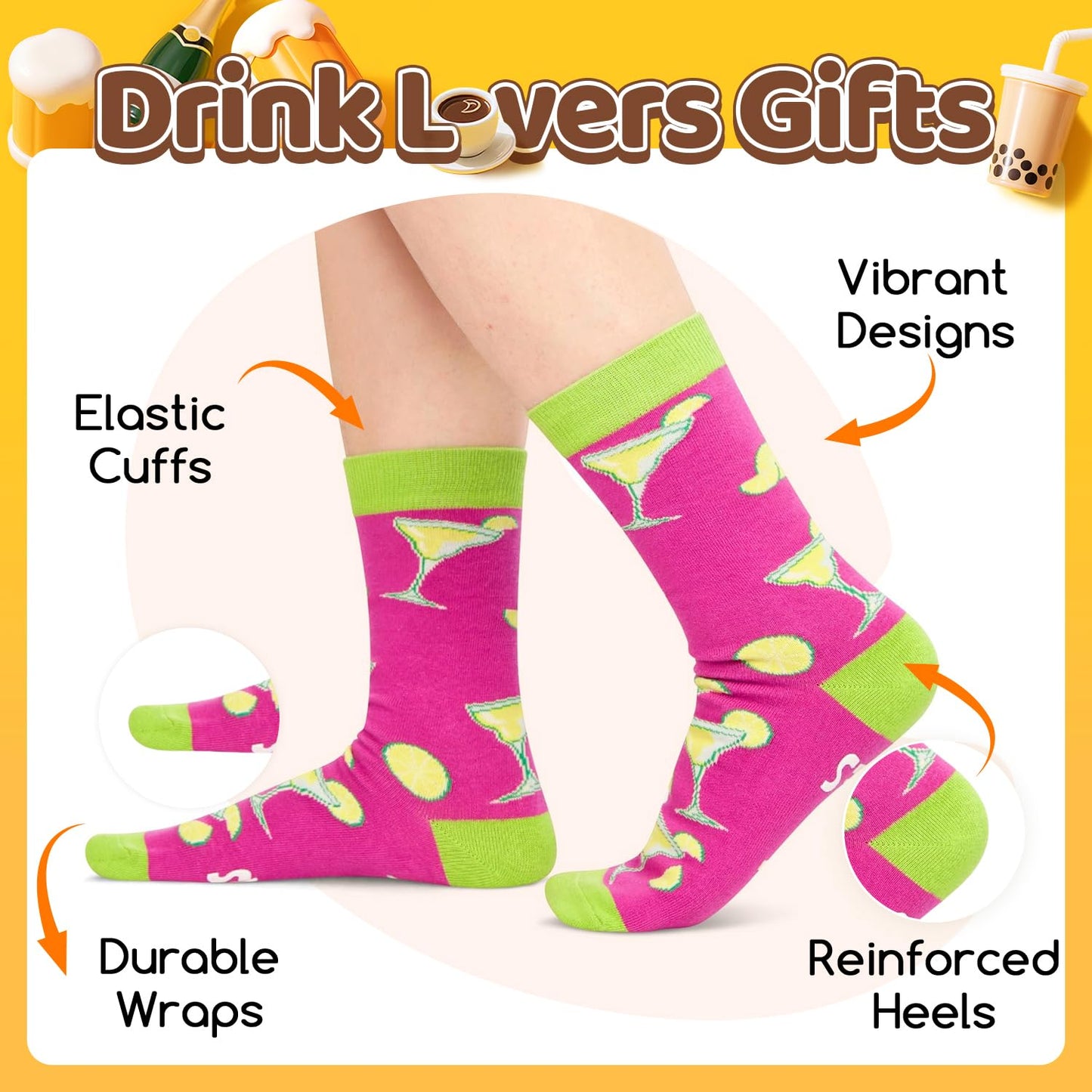 HAPPYPOP Drink Socks for Women Men - Tea Lovers Gifts, Margarita Whiskey Socks for Drinker