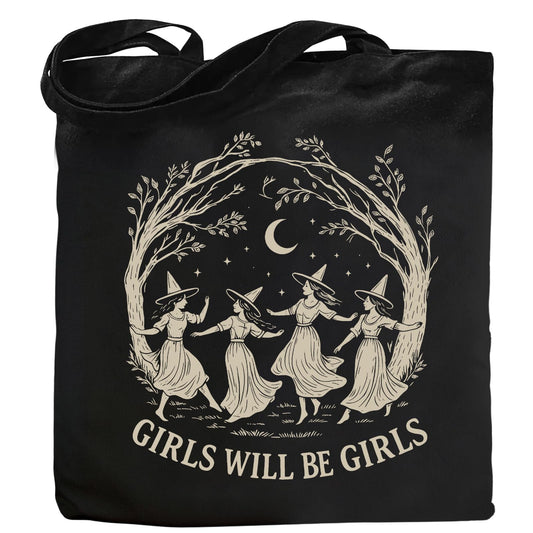 Girls Will Be Girls Witchy Canvas Tote Bag– Aesthetic Witchy Gifts for Women, Cute Spooky Reusable Travel Tote, Witch Inspired Canvas Gift, Black
