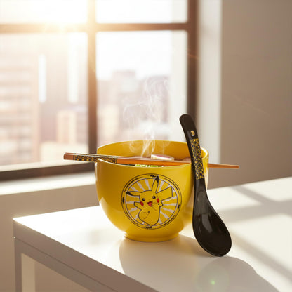 Silver Buffalo Pokemon Pikachu Electric Ceramic Ramen Noodle Rice Bowl with Chopsticks and Spoon, Microwave Safe, 20 Ounces