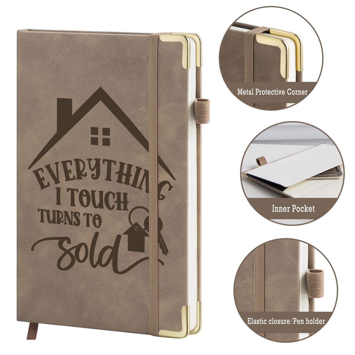 Realtor Gifts Women Men, Everything I Touch Turns to Sold Leather Journal Notebook 200 Pages A5 Lined with Inner Pocket and Pen Closing Gifts Thank You Gift for Real Estate Agent Realtor
