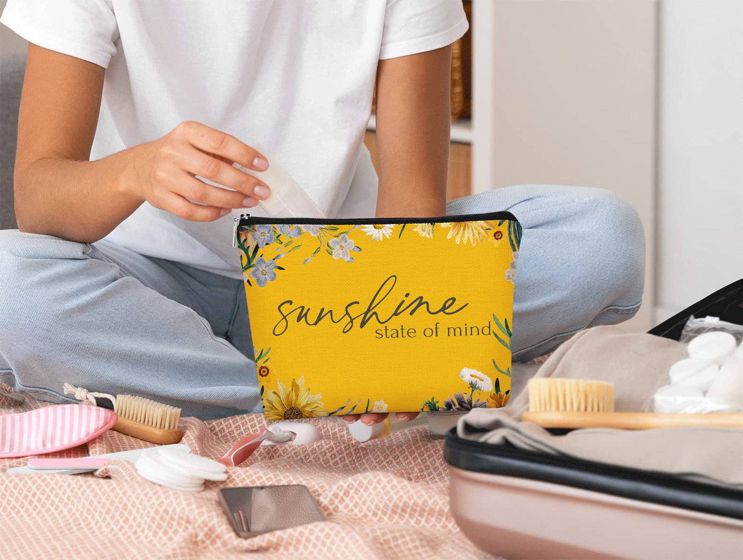 Sunshine State of Mind Summer Yellow Sunshine Inspirational Floral Makeup Bag Cosmetic Bag Gift for Teen Girls,Birthday Christmas Gifts for Women Friends Mom Wife Grandma Daughter Teacher Coworker