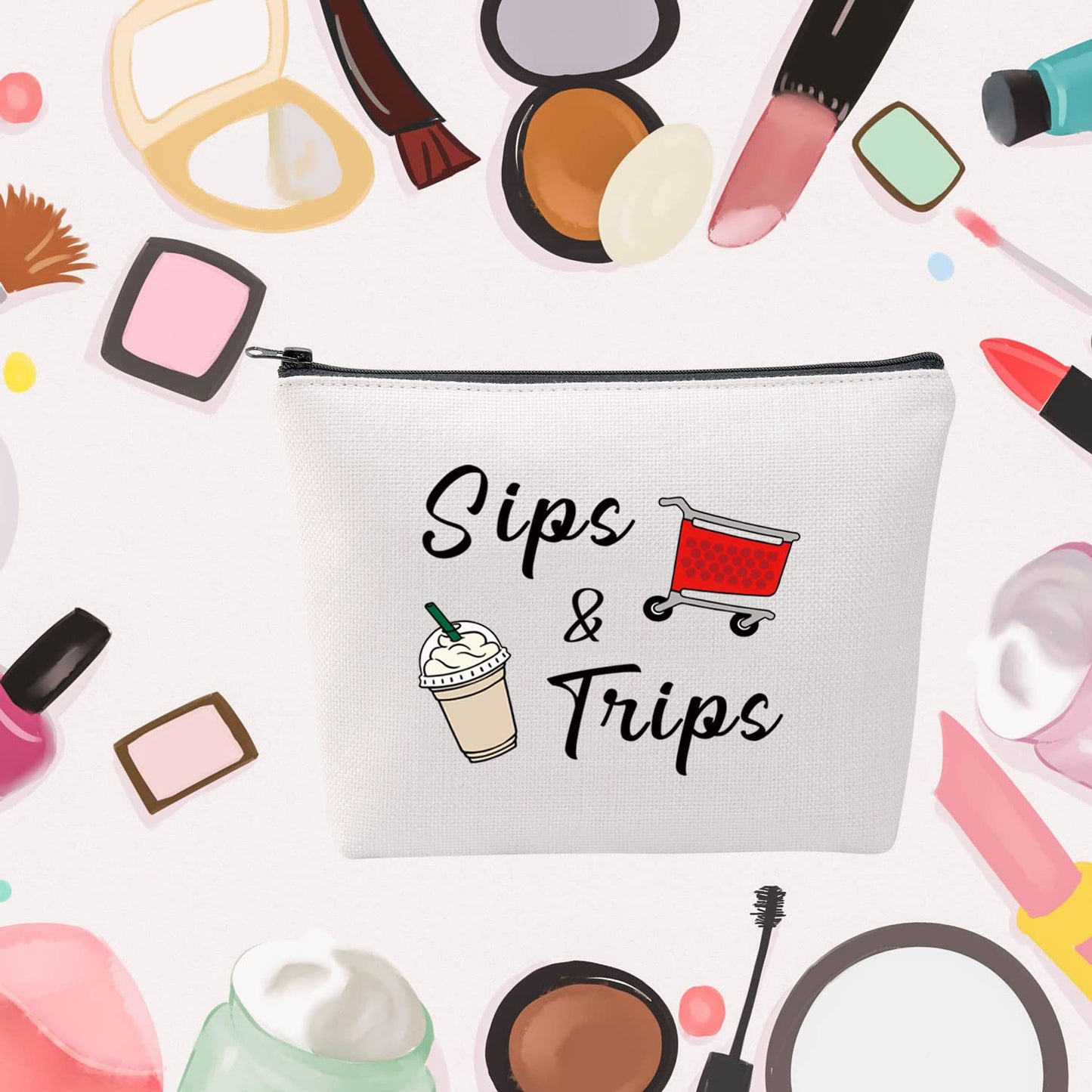 MNIGIU Shopping And Coffee Lover Gift Sips & Trips Cosmetic Bag Girl Trip Gift Thrift Shopper Gift Group Vacation Gift
