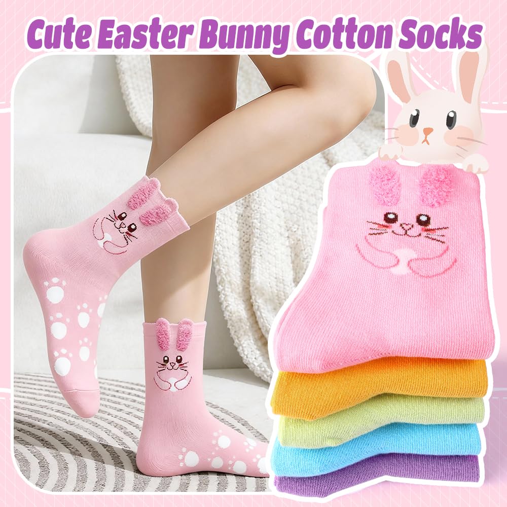 Vellibring 5 Pack Easter Bunny Socks Gifts for Women Cute Fuzzy Novelty Funny Colorful Rabbit Socks Easter Birthday Gifts for Girls Mom Sister