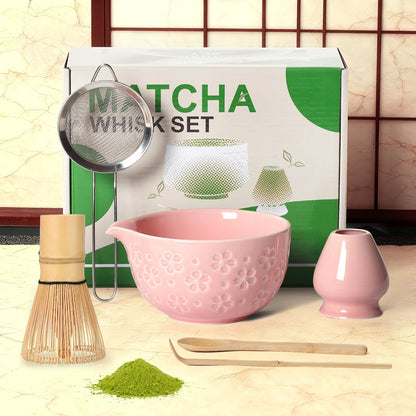 Matcha Whisk Tea Set Kit: Japanese Matcha Kit - Ceramic Bowl Bamboo Whisk Chasen Holder spoon Measuring Scoop Sifter - Traditional Practical for Tea Ceremony Breakfast Lattes - Home Kitchen Christmas