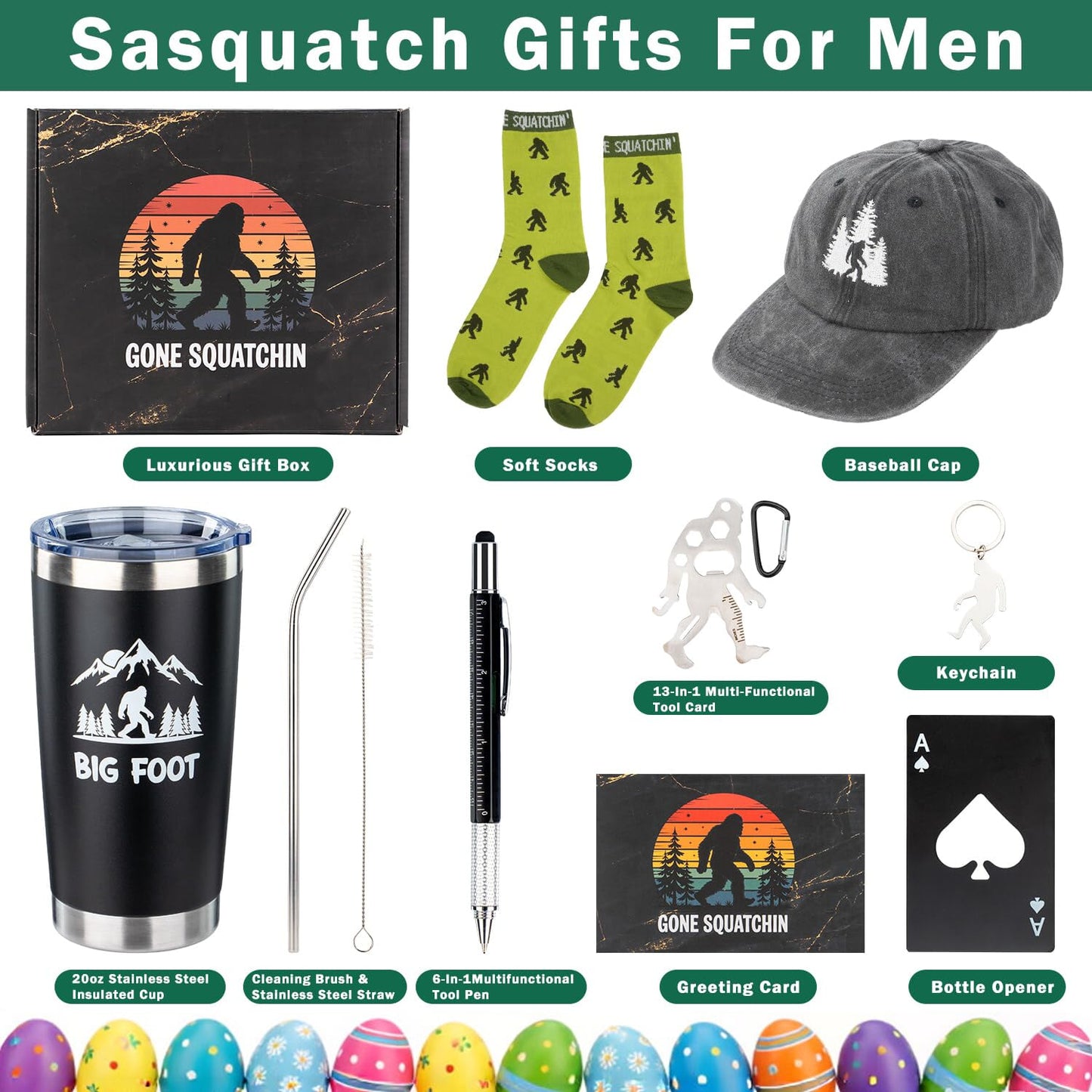11Pcs Easter Big Foot Sasquatch Gifts, Mens Easter Basket Stuffers For Men Adults Husband Boyfriend With Hats, Mug, Keychain, Socks, Greeting Card, Multi-Function Tool Pen, Prefect For Camping