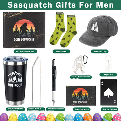 11Pcs Easter Big Foot Sasquatch Gifts, Mens Easter Basket Stuffers For Men Adults Husband Boyfriend With Hats, Mug, Keychain, Socks, Greeting Card, Multi-Function Tool Pen, Prefect For Camping
