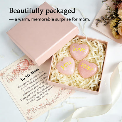 LIMGUVK Gift for Mom from Daughter Son, Engraved Rose Quartz Heart Crystal Gift Set, To My Mom Sentimental Keepsake, Love You Mom Birthday Thank You Appreciation and Just Because (Gold)