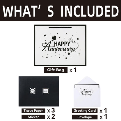 Qirrmiy 13'' Large Anniversary Design Gift Bag Set with Handles, Greeting Card, Black Tissue Papers and Stickers for Women Men Husband Wife Boyfriend Girlfriend or Romantic, Anniversary Design, 1 Pcs