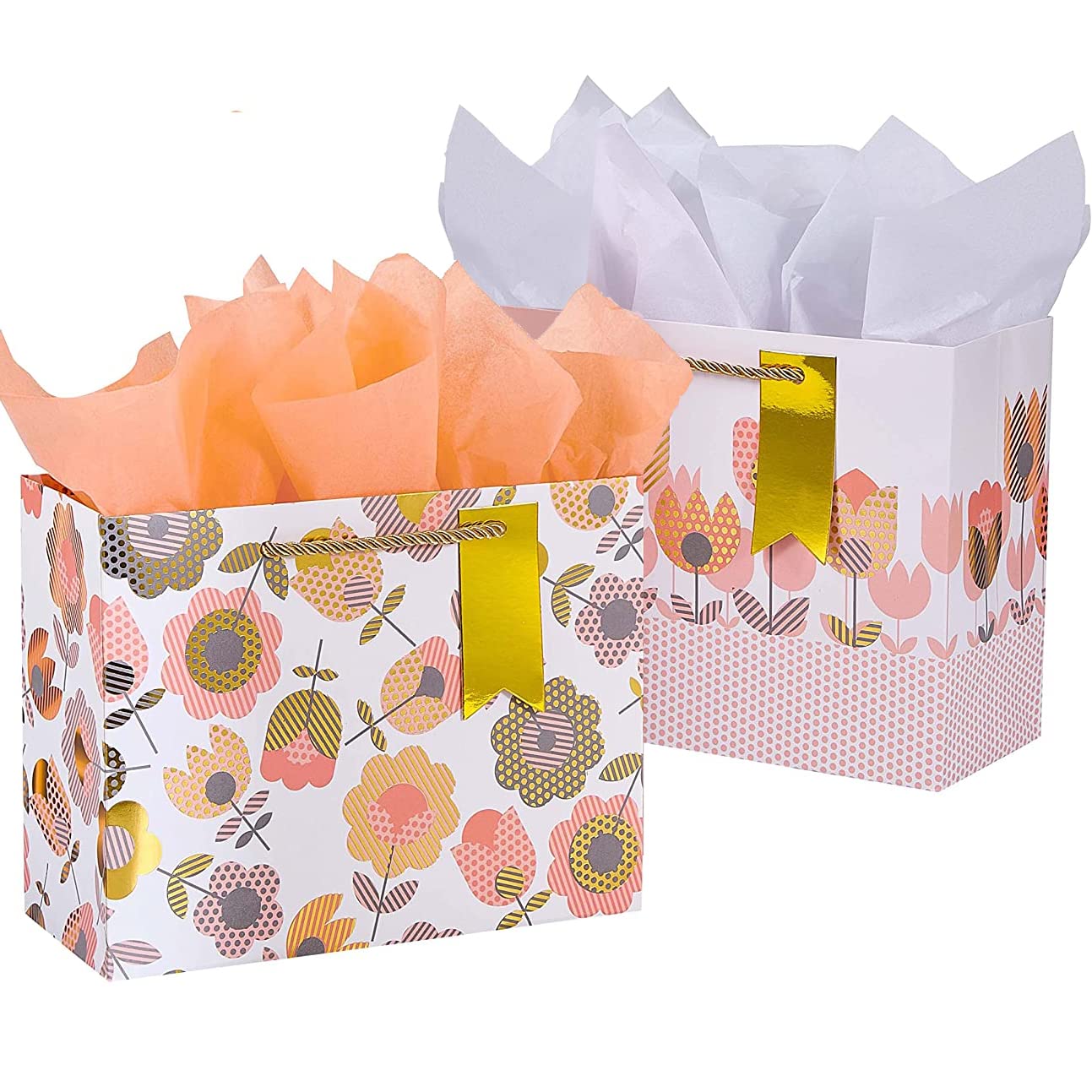 SUNCOLOR 2-Pack 9 Inch Flower Gift Bags with Tissue Paper, Floral Gift Bags for Mother's Day Birthday Bridal Shower Easter
