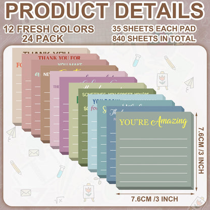 Yinder 24 Pcs Inspirational Sticky Notes - Employee Appreciation Thank You Gifts Bulk, 3x3 Mini Pocket Notepads for Teacher Office Staff End of Year Motivational Supplies (Appreciation,Morandi)