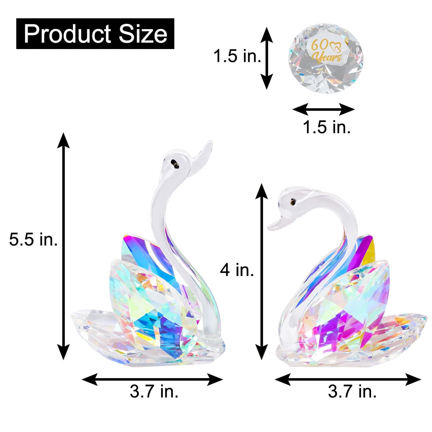 YWHL 60th Wedding Anniversary Swan Gifts for Parents Grandparents, 60 Years Anniversary for Couple, Crystal Figurine Decoration with 60 Years of Love Diamond