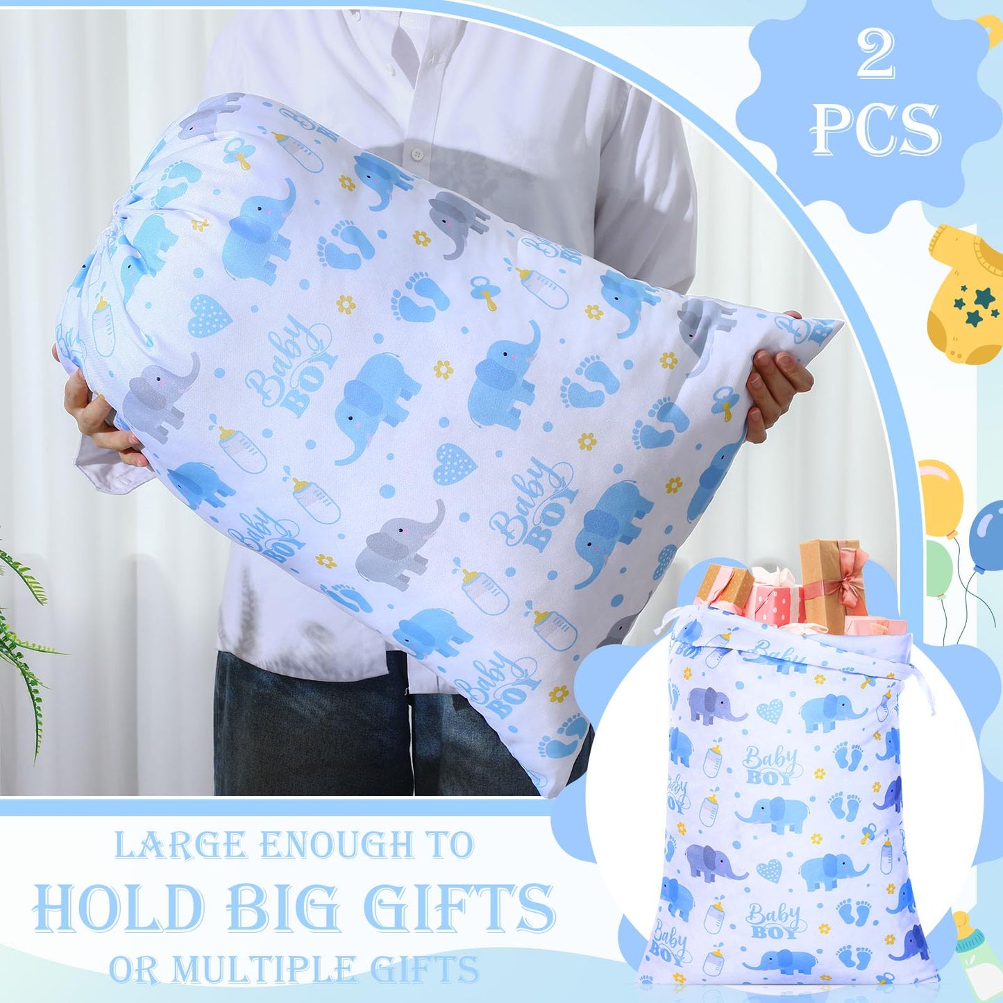 Capoda 2 Pcs Blue Elephant Drawstring Bags 20 x 28 Inch Extra Large Baby Shower Bags Reusable Fabric Elephant Gift Pouches for Birthday Baby Shower Gender Reveal Gift Wrapping Supplies Decor