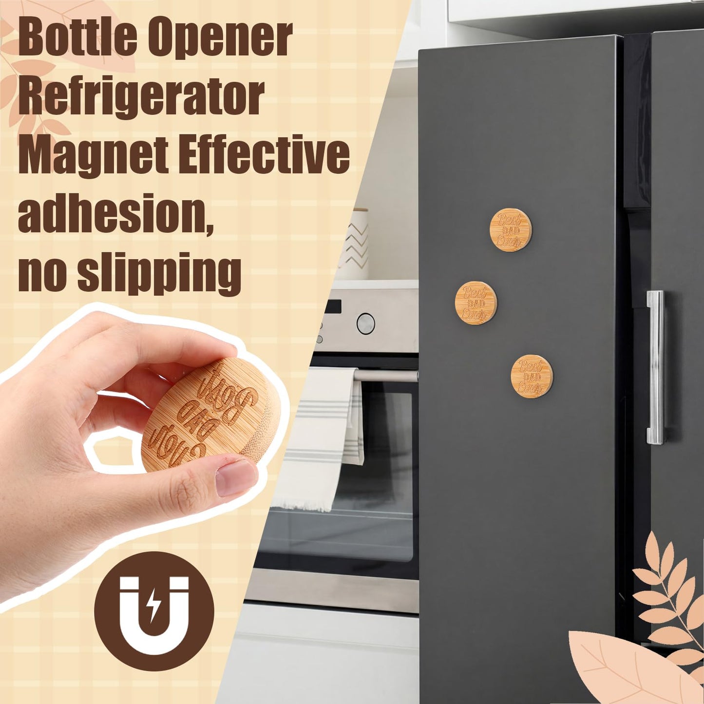 Mifoci 30 Pcs Father's Day Magnetic Bottle Opener Bulk Engraved Bamboo Round Shape Beer Openers with Round Perforated Sheet Drawstring Bag Hemp Rope for Father's Day Gifts Beer Lover