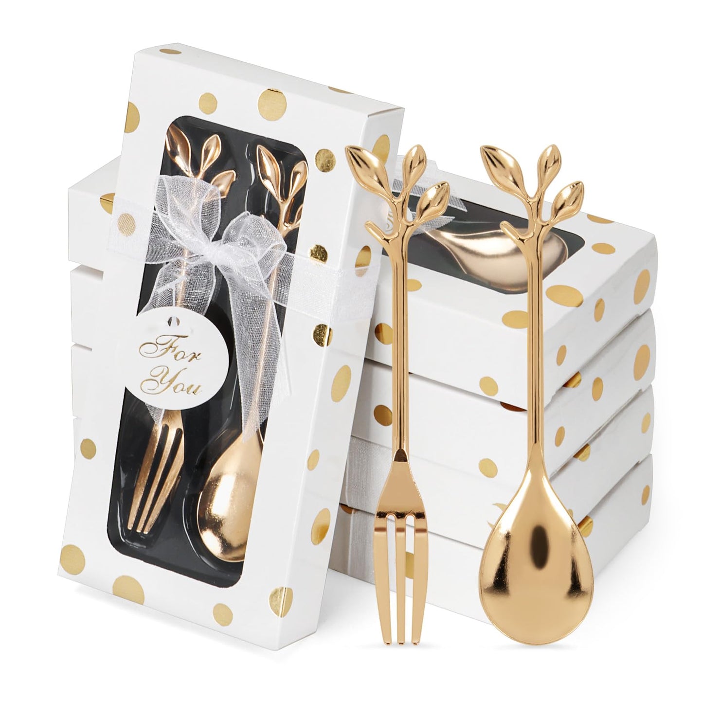 32 Pcs (16 Packs) Tea Party Favors - Perfect Souvenir for Any Occasion, Includes 16 Teaspoons with 16 Forks for Wedding, Bridal & Baby Shower Gifts for Guests (Leaf)