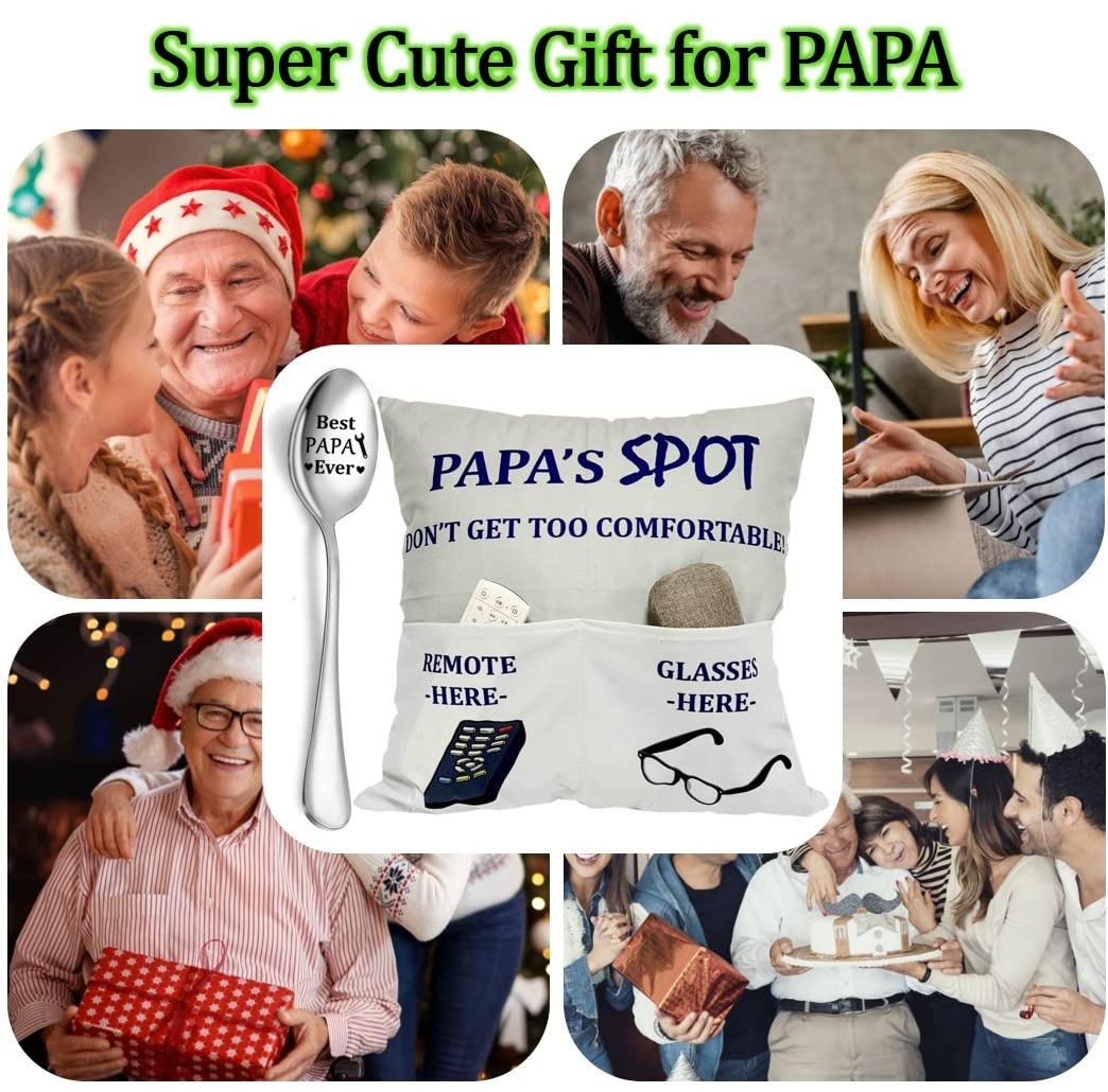 Papa Gifts Grandpa Gifts, 2-Pocket 2-Sided Papa Pillow Covers 18x18 Inch and Engraved Spoon, Fathers Day Birthday Christmas Thanksgiving Day Gifts for Papa Popop Granddad