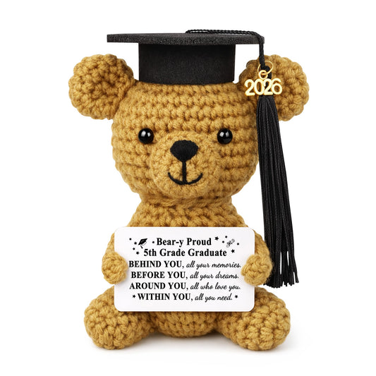 JoycuFF 5th Grade Graduation Gifts, Mini Positive Crochet Bear, 5th Grade Gifts for Students Granddaughter Daughter Best Friends, Handmade Emotional Support Animals Grad Gifts