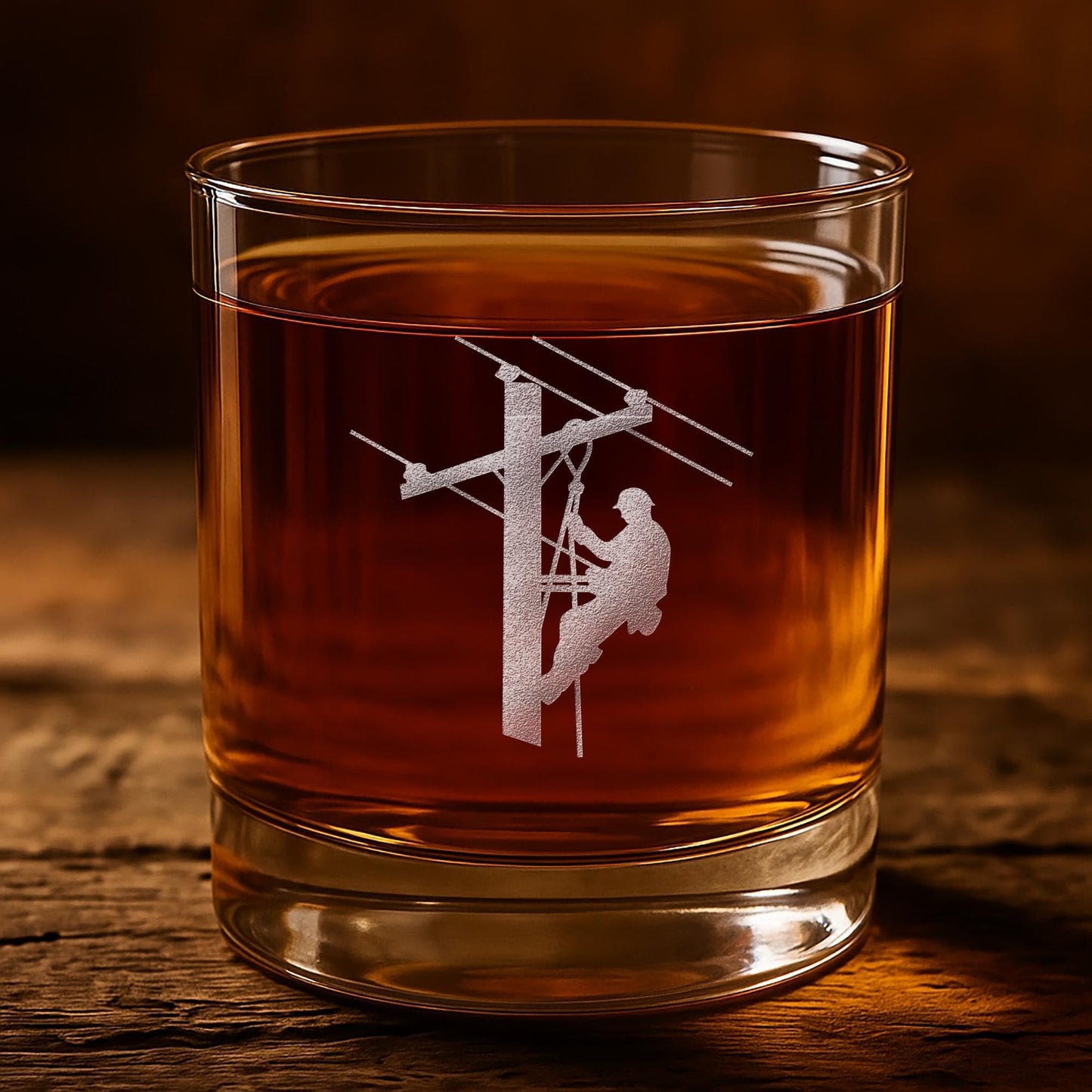 Lineman Whiskey Glass - Engraved Round Rocks Glass for Electrical Lineworkers, Powerline or Electrician Gift - 1 Pack