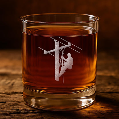 Lineman Whiskey Glass - Engraved Round Rocks Glass for Electrical Lineworkers, Powerline or Electrician Gift - 1 Pack