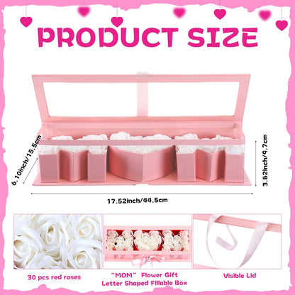 Thiccywoov 1 Pcs Mother's Day Flower Box with 30 Scented Flowers Mom Letter Shaped Fillable Boxes Floral Gift Packaging for Arrangement Mother's Day, Birthday Gift(Pink Box, White Flower)