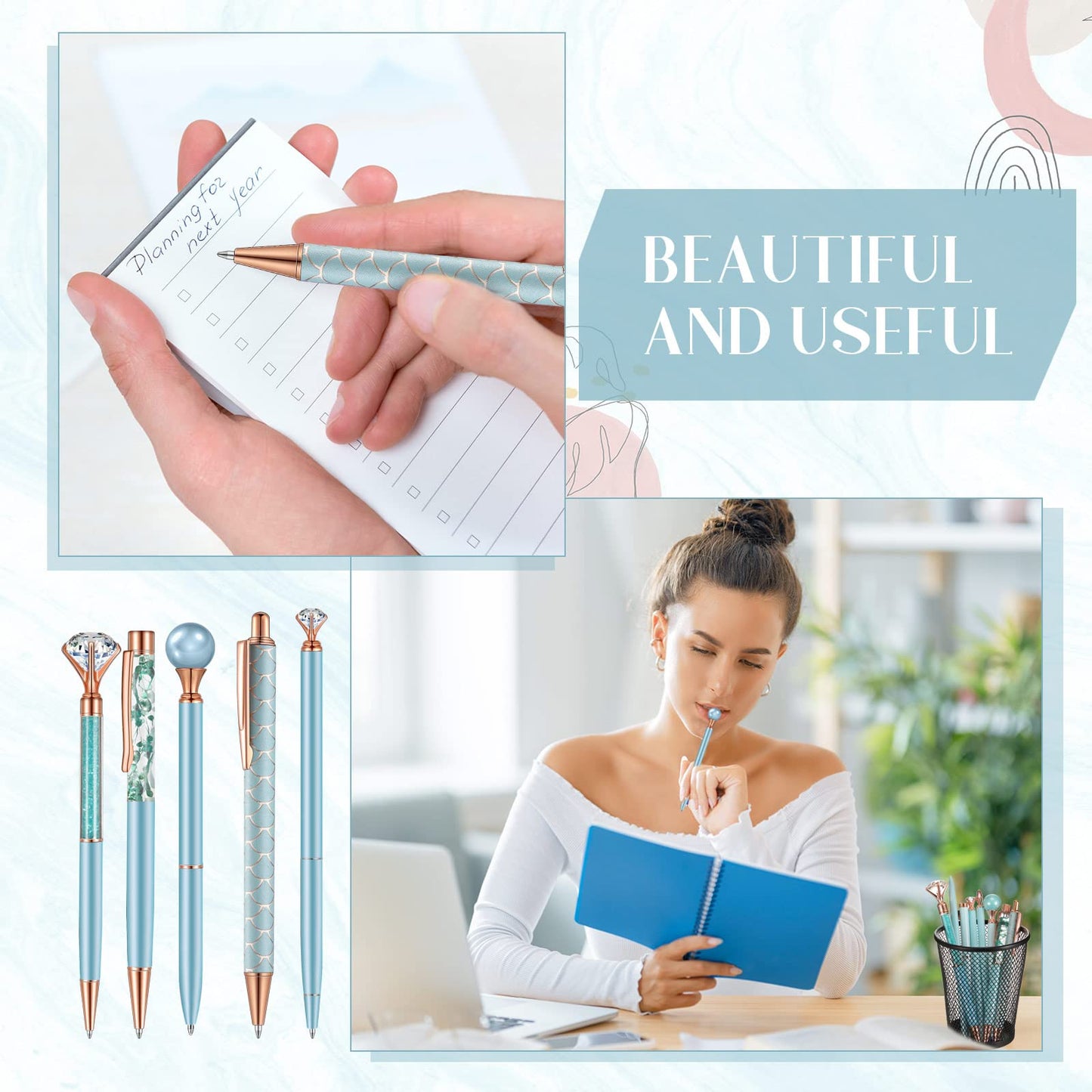 Janmini 9 Pcs Ballpoint Pens Set Metal Crystal Diamond Glitter Pens for Journaling Black Ink Pretty Cute Things Fancy Stationery Gifts for Women Girls Birthday Home Office Desk(Blue)
