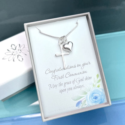 Sterling Silver Cross Necklace for Girls, Sterling Silver Cross with Puffed Heart Charm, First Communion Gift Necklace for Daughter, Goddaughter Gift Necklace