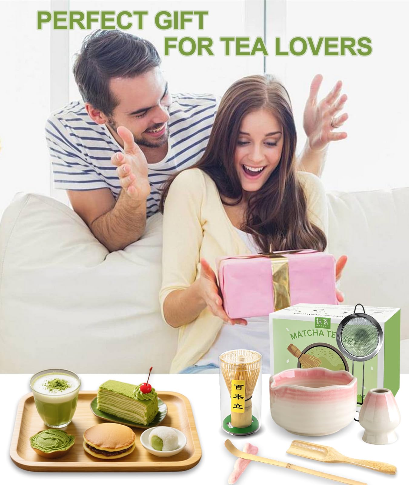 JBER Matcha Whisk Set, Ceramic Matcha Set Includes Bowl & Holder, Bamboo Whisk (Chasen), Sifter, Scoop, Spoon & Rest - 7PCS Matcha Kit Gift for Matcha Lovers & Beginners, Gradient Pink
