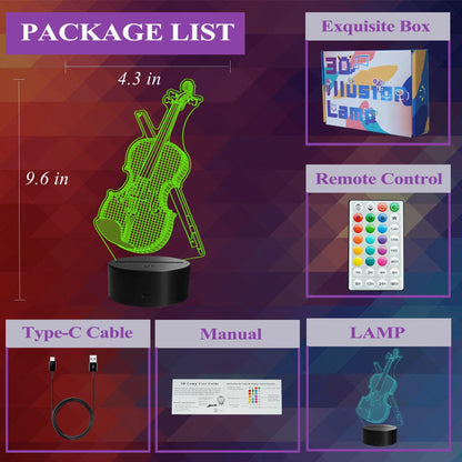 Violin Night Light, Violin Gifts, Cello 3D Illusion Lamp with Remote Control, 16 RGB Colors, 4 Flashing Modes, Timer, Dimmable, Kids Music Room Decor