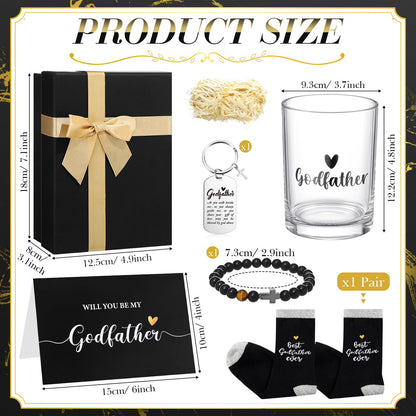 Reallnaive 6 Pcs Godfather Proposal Gift Will You Be My Godfather Gift Box Set Includes Wine Glass Bracelet Keychain Card Socks for God Father Uncle from Godchild Baptism Easter Father's Day(Classic)