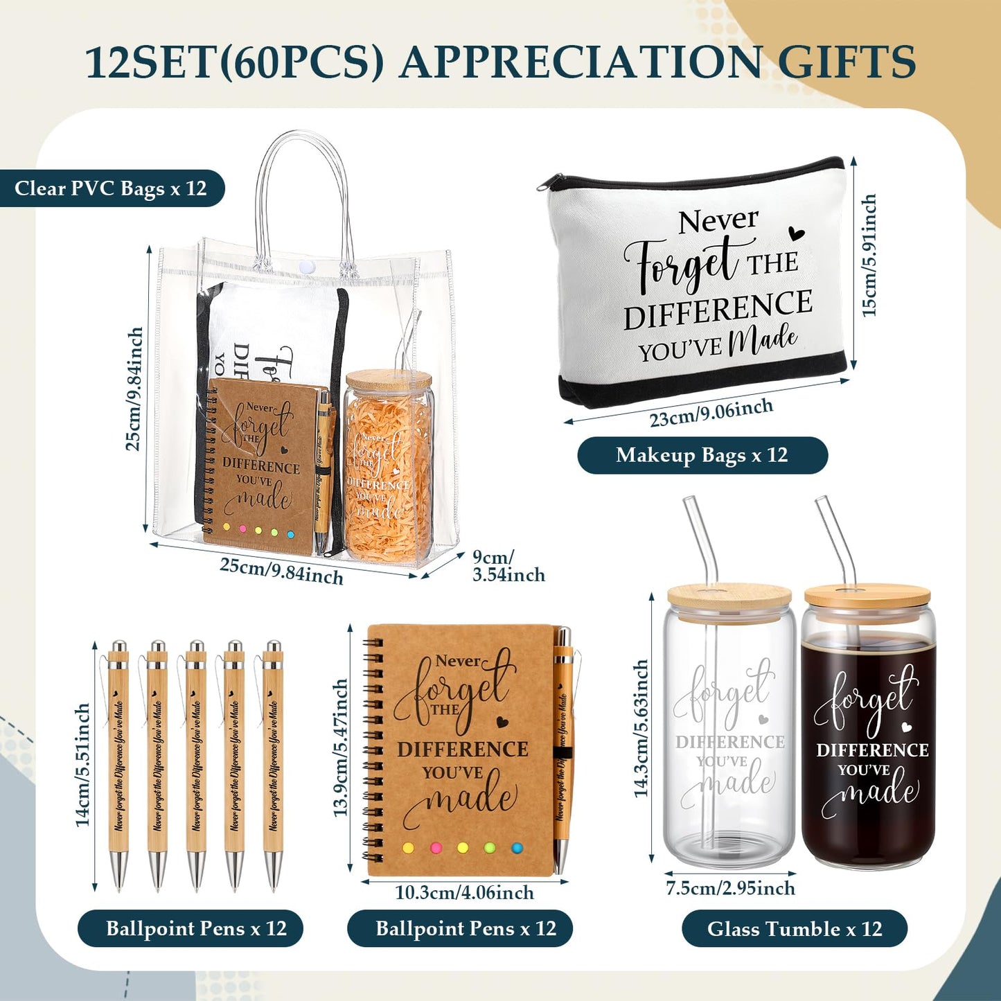 60 Pcs Employee Appreciation Gifts Bulk Never Forget Notebook Gift Bag Glass Cup Makeup Bag Bamboo Pen for Graduation Teacher Father Day Office Staff