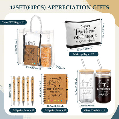60 Pcs Employee Appreciation Gifts Bulk Never Forget Notebook Gift Bag Glass Cup Makeup Bag Bamboo Pen for Graduation Teacher Father Day Office Staff